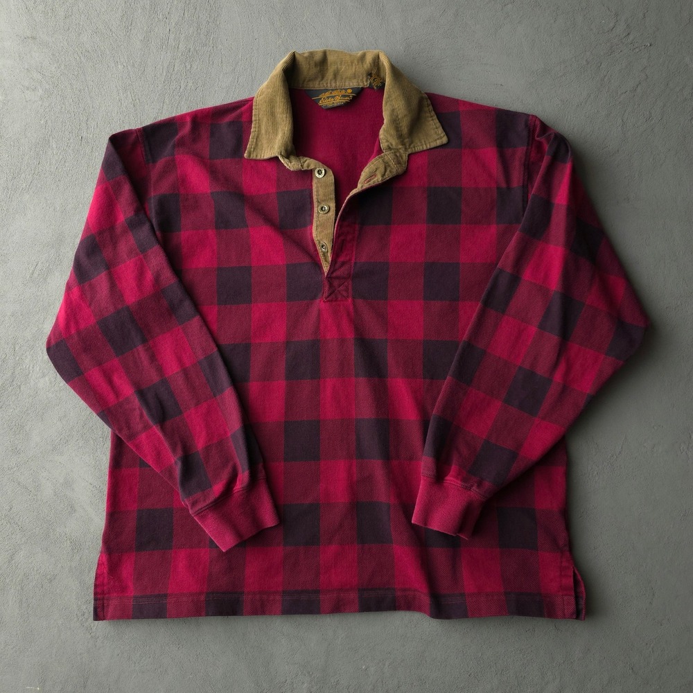 Vintage 90s Eddie Bauer Buffalo Plaid Rugby Shirt XL Red Corduroy Collar